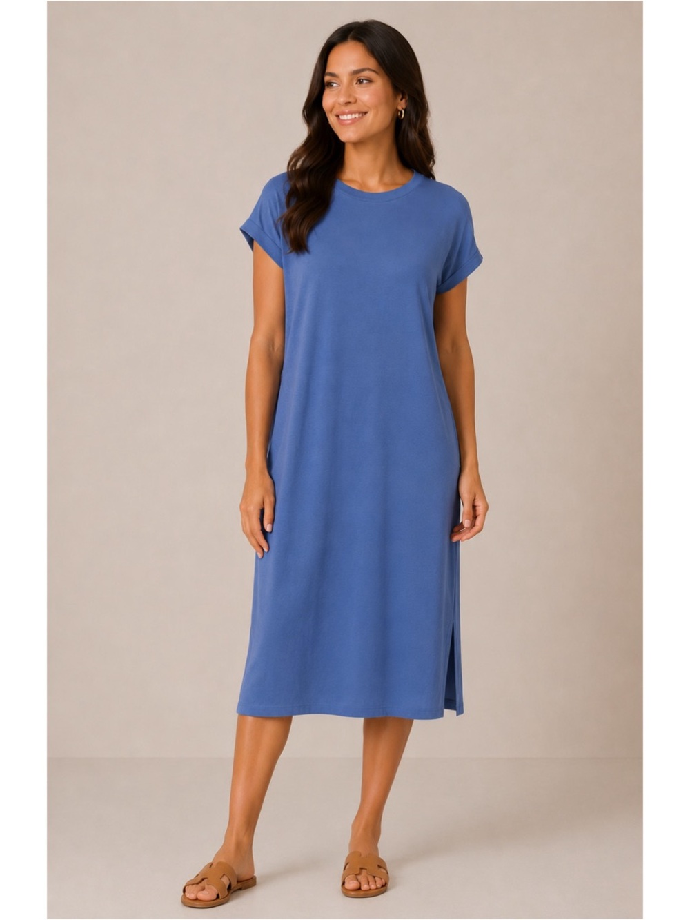 Eileen Fisher Blue High-Low Crew Neck Classic Casual Short Sleeve T-Shirt Dress